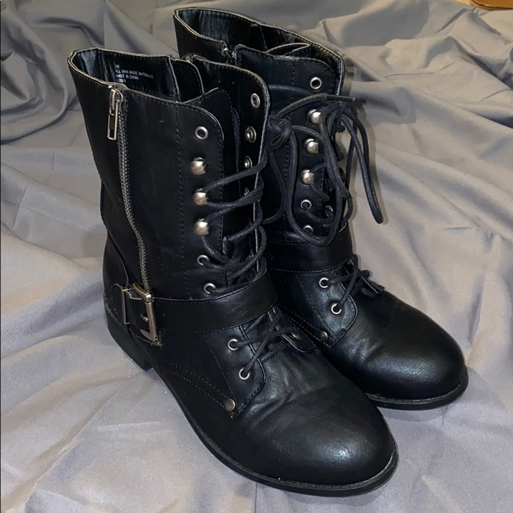 Black faux leather combat boot